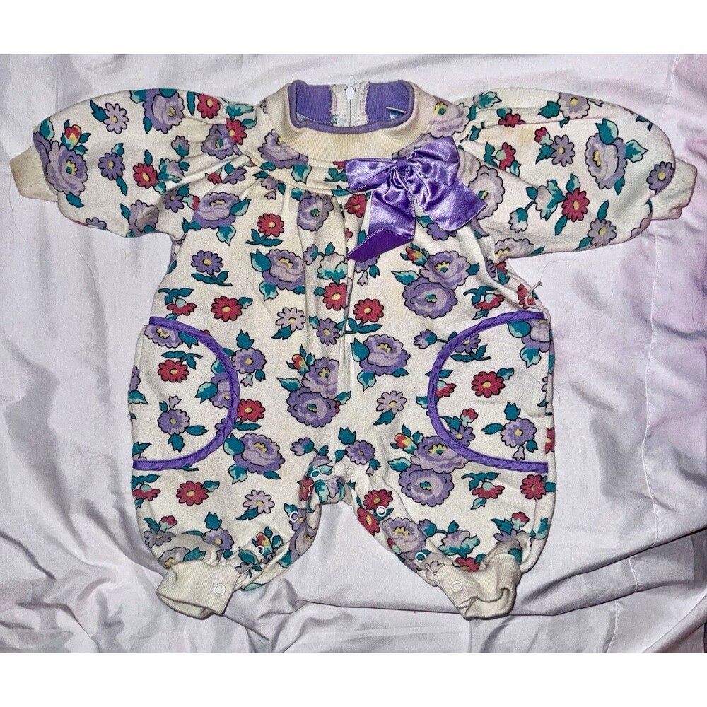 Vintage 90s Floral Baby Romper 6-9M Purple Bow Puffy Cottagecore Made USA